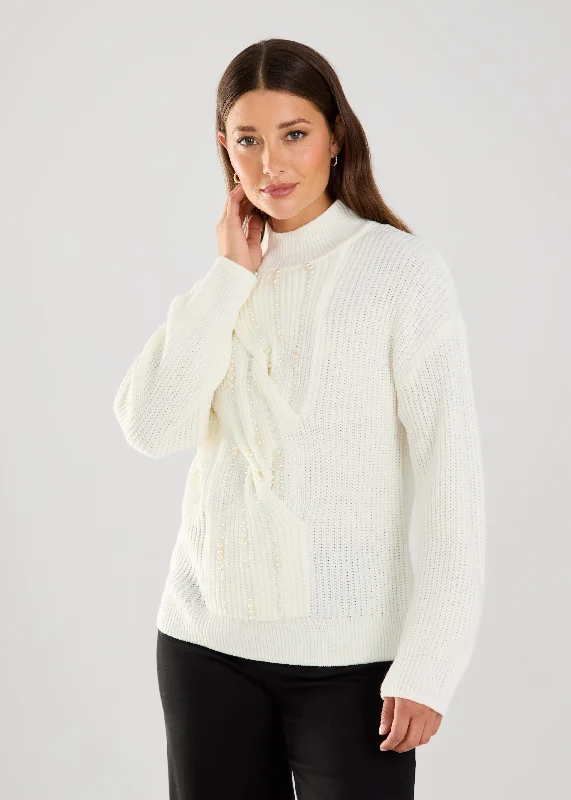 Long-Sleeve Embellished Mock Sweater