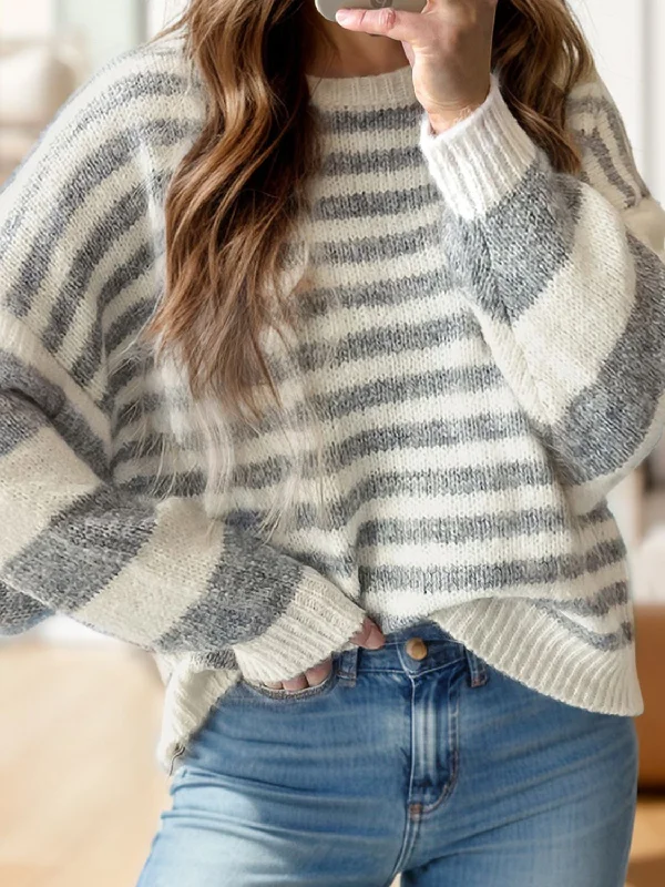 Striped Round Neck Dropped Shoulder Sweater Casual Women's Japanese 