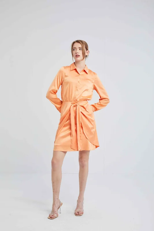 Satin finish Tie-front Shirt Dress Refined Women's Hand - crafted