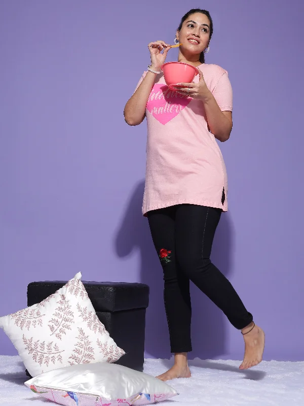 Baby Pink Graphic Long T-Shirt for Women Ideal for Daily Comfort