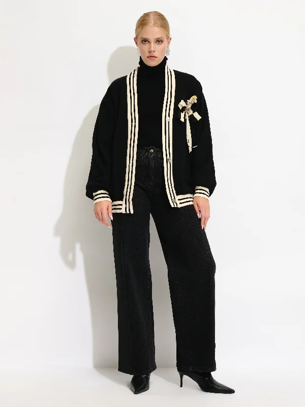 Contrasting Trim Cardigan Sophisticated Women's Tailored