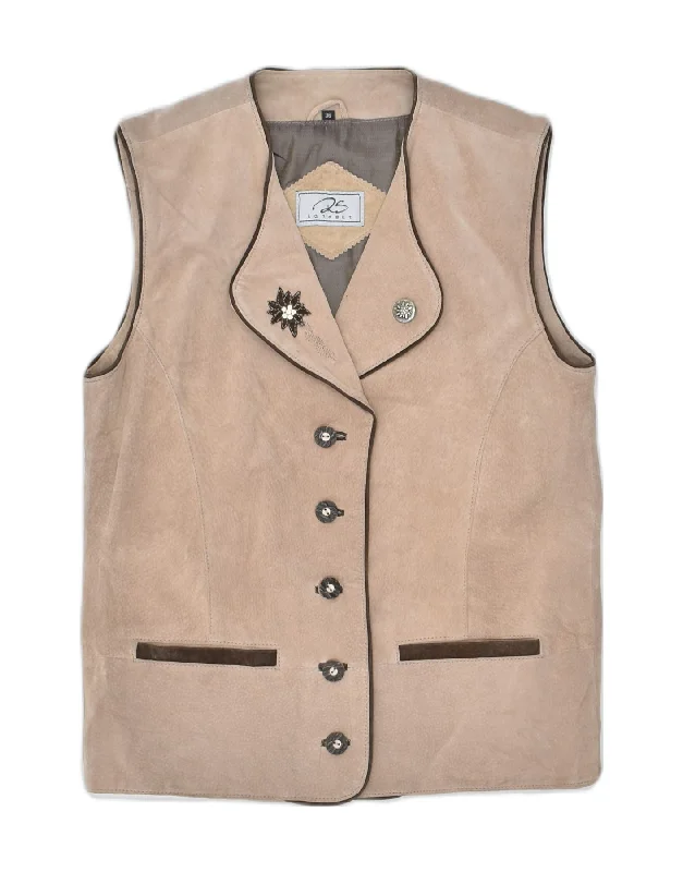 VINTAGE Womens Leather Gilet EU 36 Small Beige Leather Sophisticated Women's 