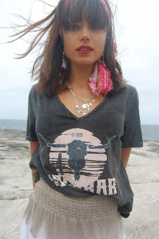 Refuge Denim T-Shirt LP823 V Neck Stretch Short Sleeve Stylish Women's Tropical 