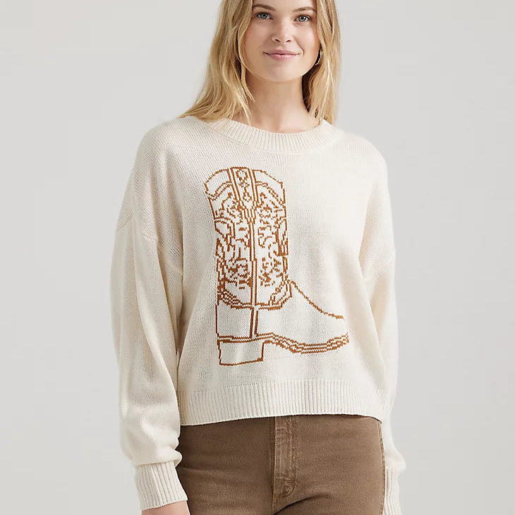 Wrangler Retro Women's Cowgirl Boot Pullover Sweater in White Minimalist Women's Casual