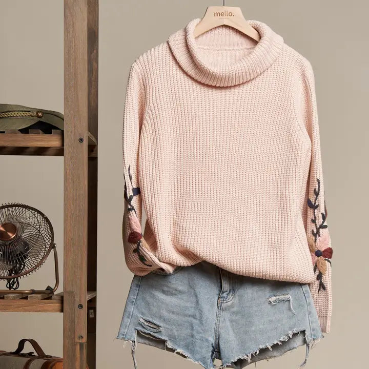 Ingrid Embroidered Sleeve Mock Sweater Feminine Women's Style 