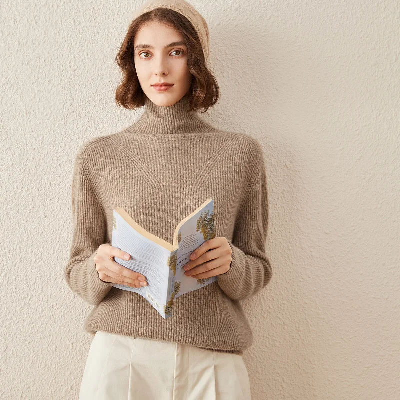 100% Cashmere Turtleneck Knitted Sweater Cool Women's Distressed