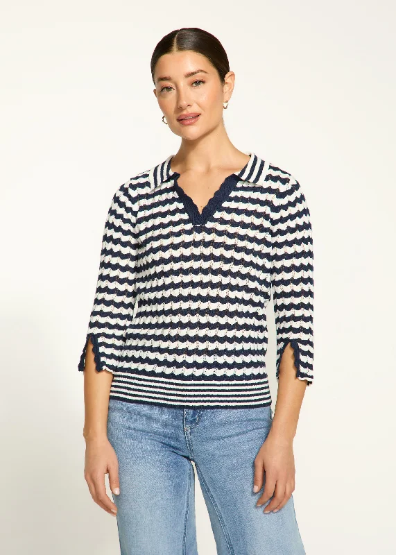 3/4 Sleeve Polo Sweater, Navy Stripe