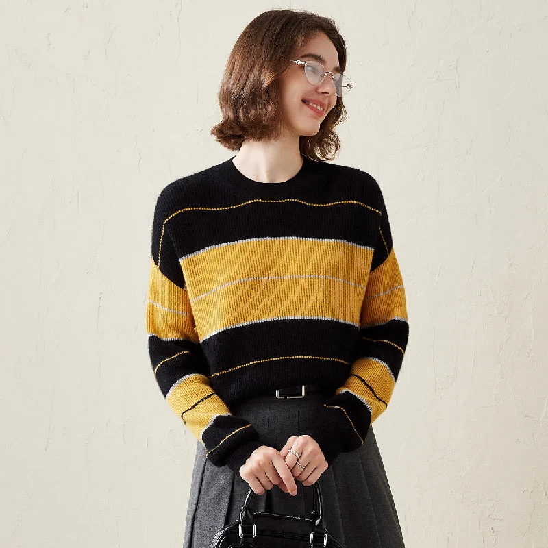 100% Cashmere Casual Striped Crewneck Sweater Youthful Women's Anime - inspired