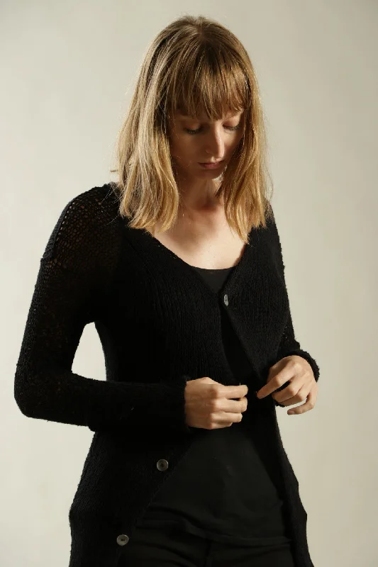Black Open Kintting Cardigan with buttons Traditional Women's Wool