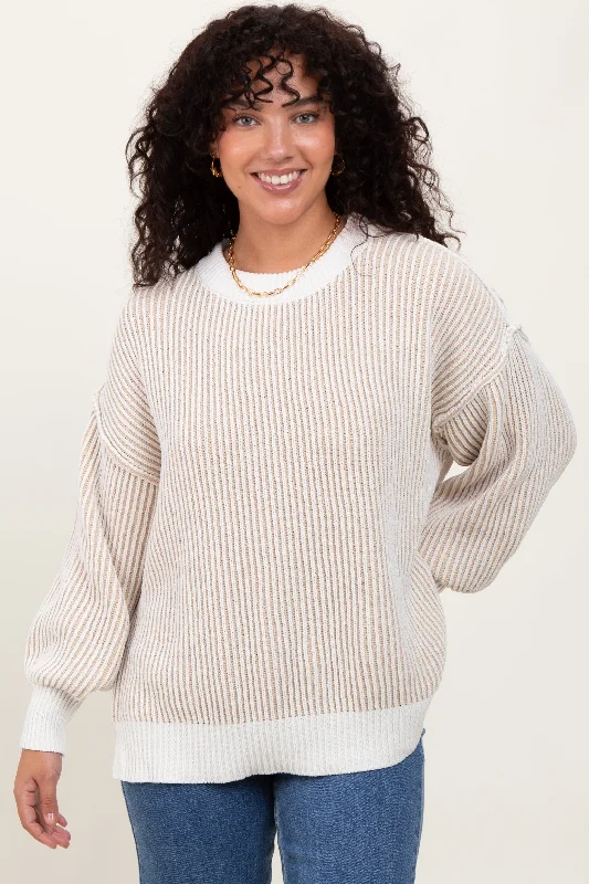 Taupe Ribbed Balloon Sleeve Sweater Polished Women's Silk