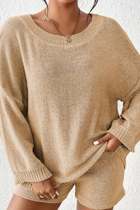 Round Neck Drop Shoulder Top and Shorts Sweater Set Monochromatic Office Style