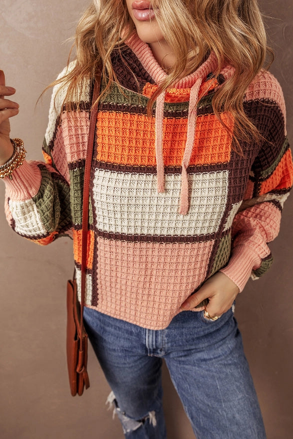 Women's Multi-Color Block Waffle Knit Sweater in Orange Artistic Women's Hand - painted