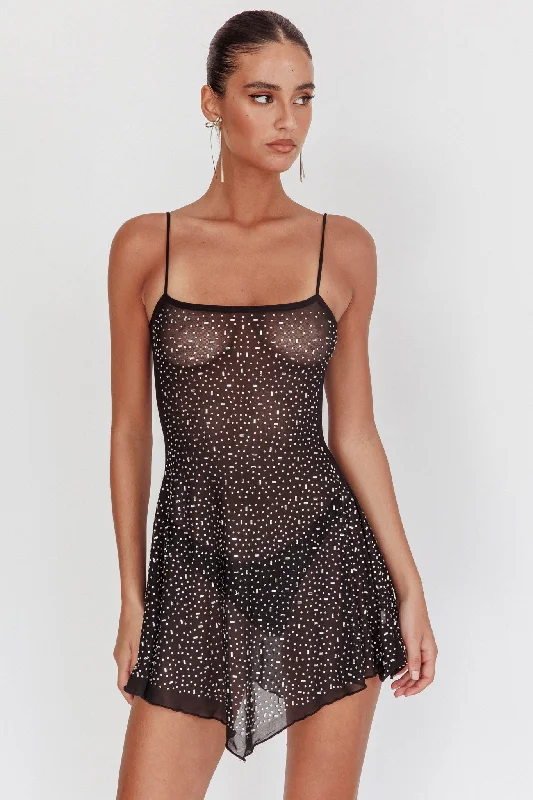 Moon Walker Sheer Rhinestone Mini Dress Black Edgy Women's Punk