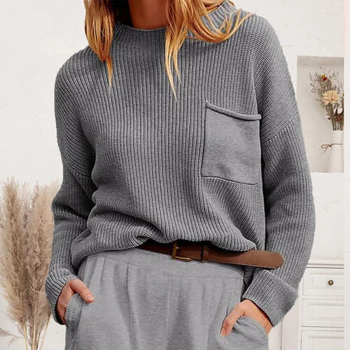 Ribbed Dropped Shoulder Sweater with Pocket Monochromatic All - in - one