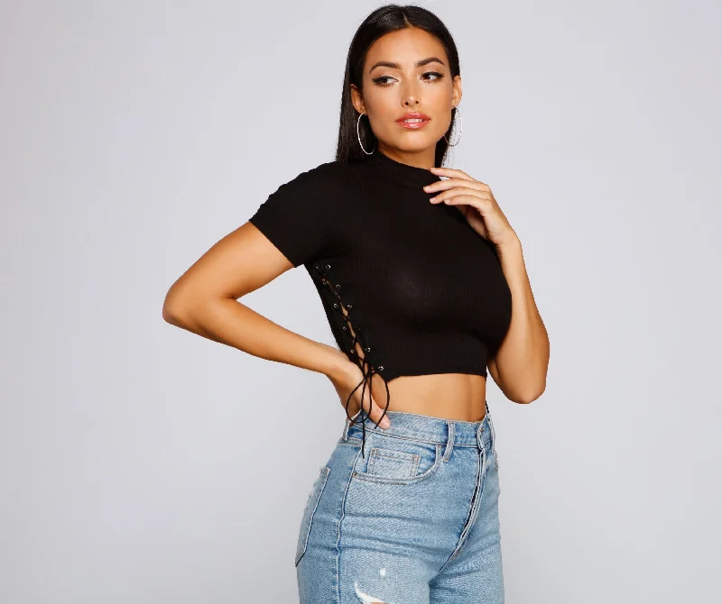 Back To Basics Lace Up Ribbed Knit Top