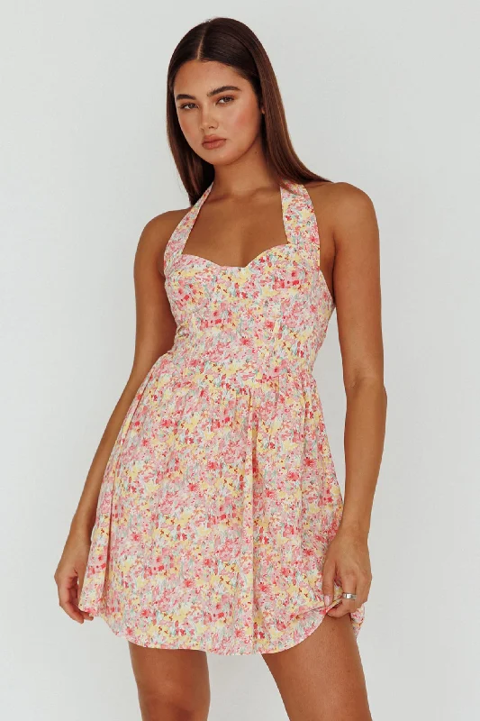 Hey Baby Halterneck Mini Dress Pink Floral Country