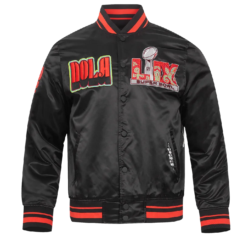 NFL SUPER BOWL 59 MEN'S RIB SUBLIMATED SATIN JACKET (BLACK/CRAWFISH RED)