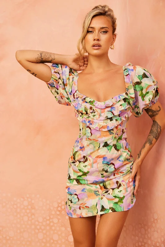 Alora Mini Dress - Green Multi Hip Women's Retro