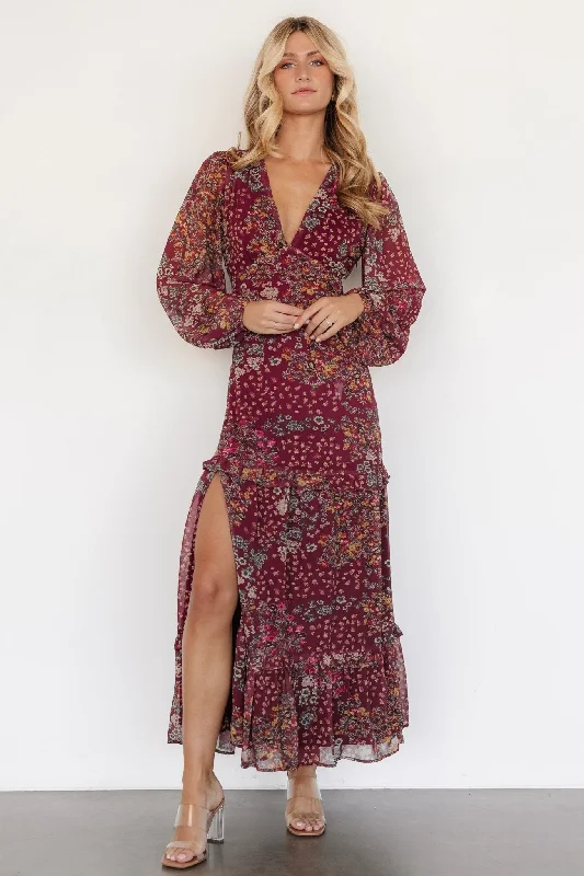 Bowman Deep V Maxi Dress | Burgundy Multi