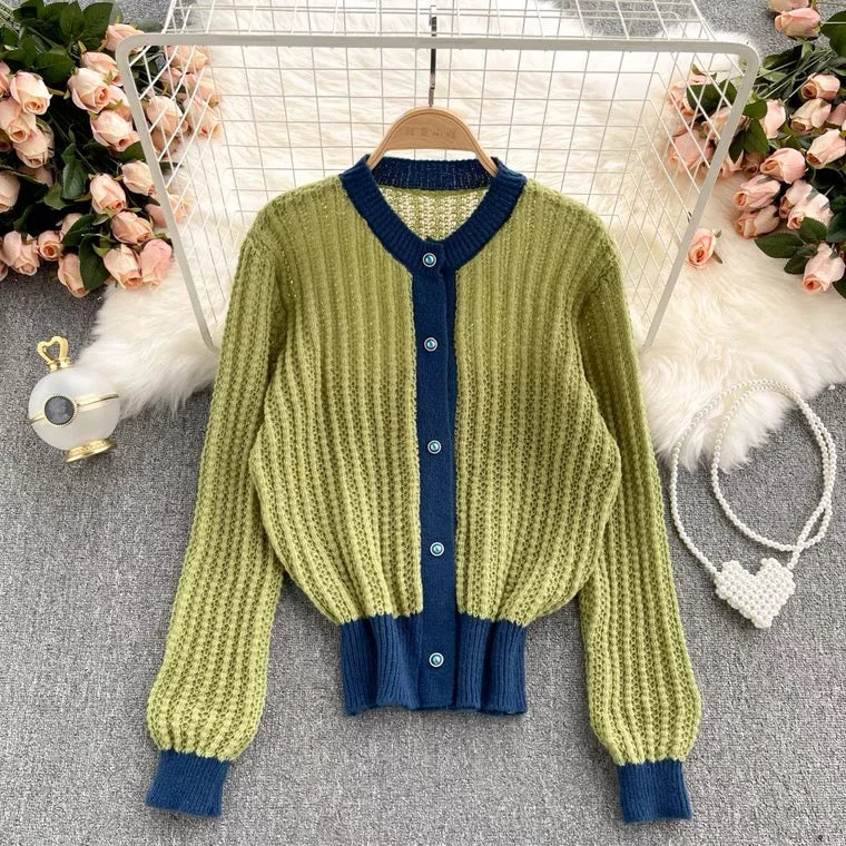 Vintage lazy sweater, single-breasted, loose, versatile, long-sleeve cardigan  1387