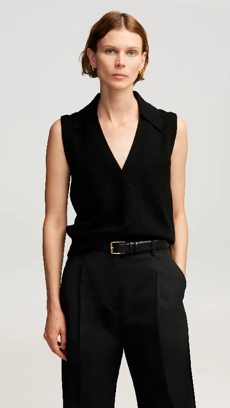 Collared Sleeveless Knit in Merino Wool | Black Dynamic Women's High - energy