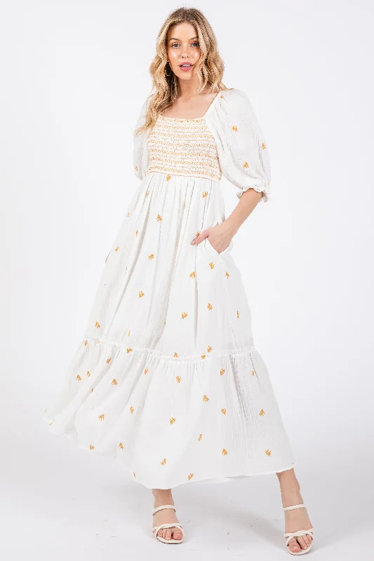 Ivory Gauze Smocked Embroidered Square Neck Midi Dress