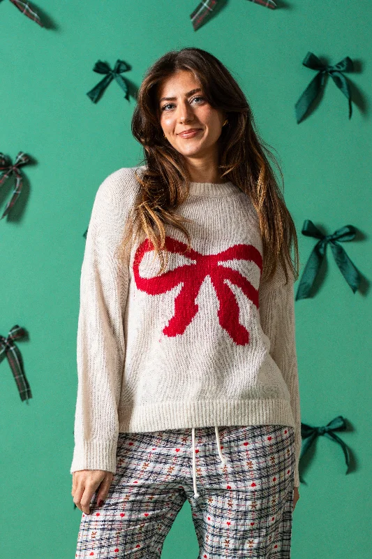 Needii Nova Red Bow Print Knit Pullover Sweater Dynamic Women's Moto