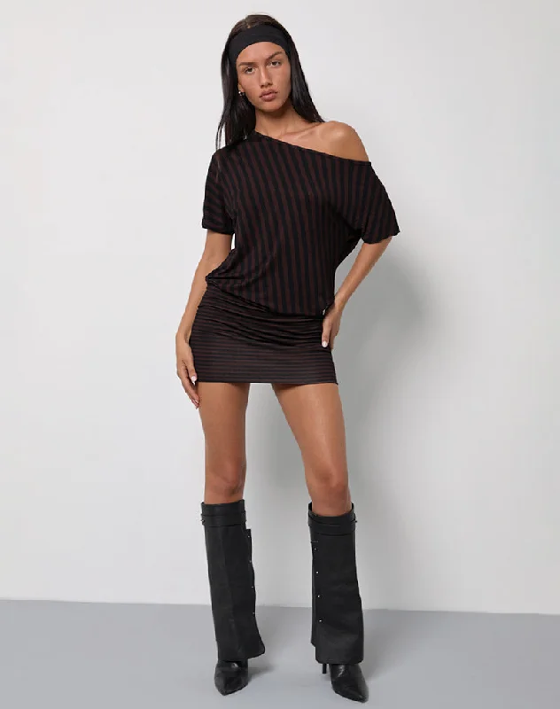 Talita Mini Dress in Diagonal and Mini Stripe Maroon Tough Women's Military - inspired