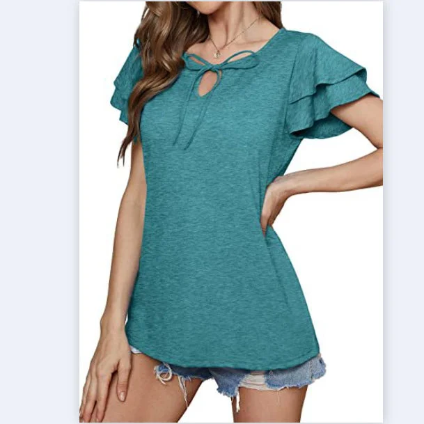 Casual Solid Color V-Neck Tie With Ruffle Sleeve T-Shirt Wholesale Women'S Top