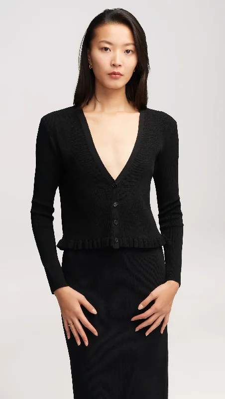 Cropped Ribbed Cardigan in Stretch Rayon | Black Laid - back Women's Vibe
