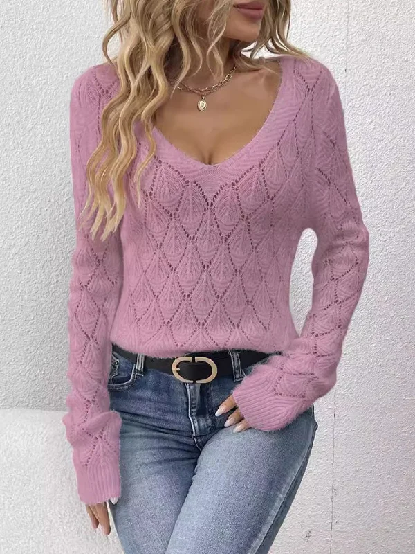 Openwork V-Neck Long Sleeve Sweater Disco
