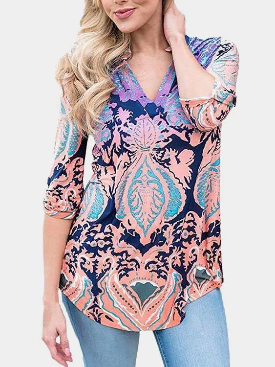 Custom Random Long Sleeves V-Neck Curved Hem Blouses