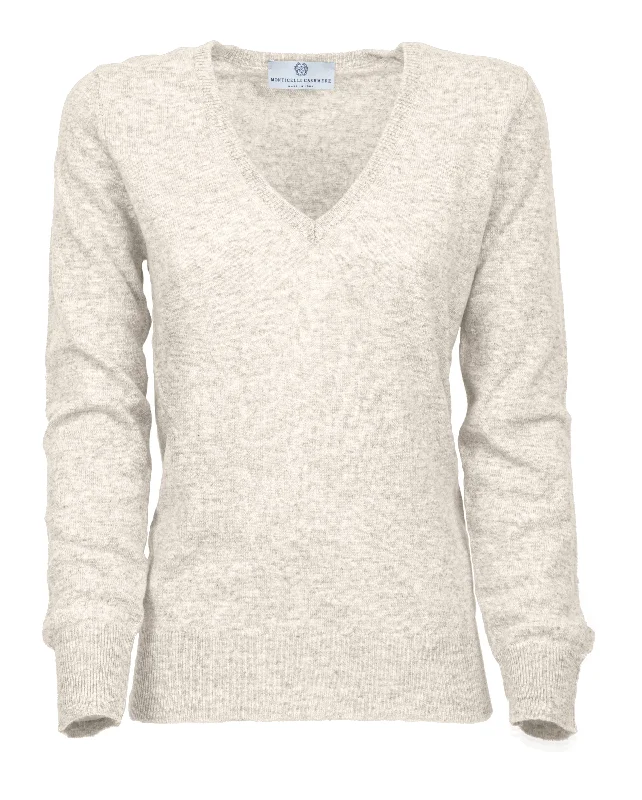 NEW FALL 24 - Women's Pure Cashmere V-Neck Sweater Milk White by Monticelli Cashmere Sleek Women's 