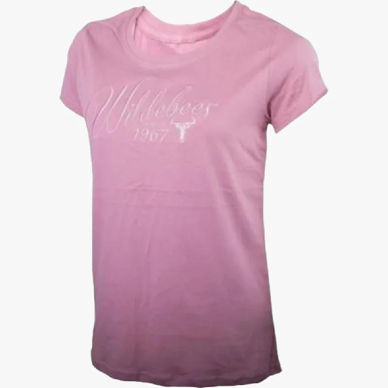 Wildebees Womens Ladies Scripty Embroid Short Sleeve Tee Mauve Glow Unique Women's Upcycled