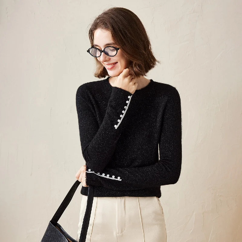 Premium Worsted Cashmere Knit Sweater with Buttoned Cuffs Trendy Women's 