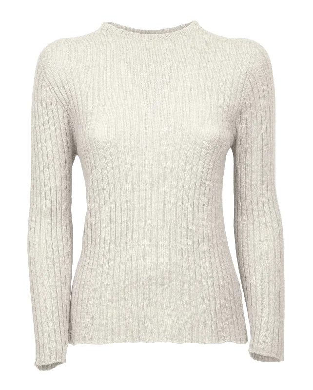 NEW FALL 24 - Women's Cashmere Vertical Rib Crew Neck Sweater Milk White by Monticelli Cashmere Feminine Women's Soft 