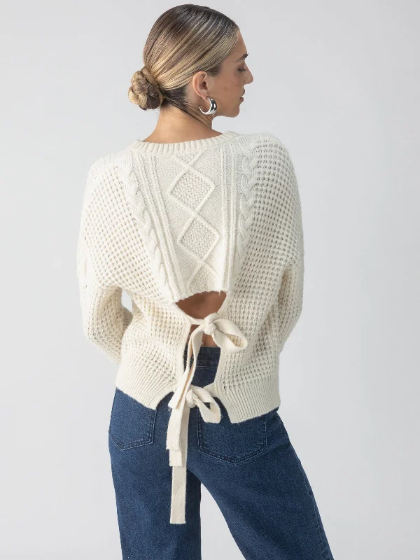 Tie Back Cable Sweater Frosted Almond Dapper Women's Bow - adorned