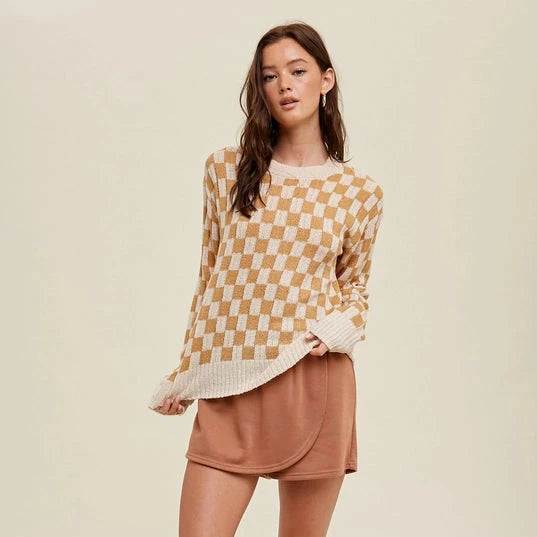 Women's Lightweight Checkered Pullover Sweater in Cream & Caramel Feminine Women's Style 