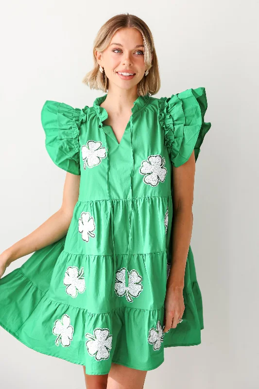 Pinch Proof Green Sequin Four Leaf Clover Tiered Mini Dress Trendy Women's Oversized