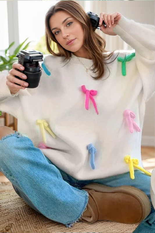 Bow Trim Round Neck Sweater Contemporary 