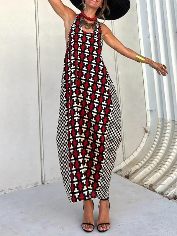 Ethnic Unique Print Lantern Graceful Cut Tank Maxi Dress