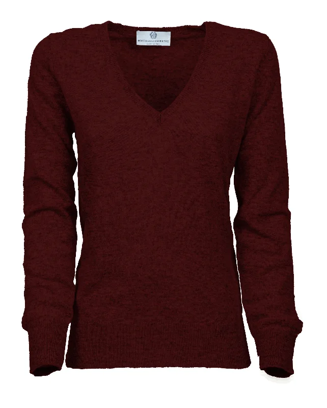 NEW FALL 24 - Women's Pure Cashmere V-Neck Sweater Bordeaux by Monticelli Cashmere Sporty Women's Athleisure 