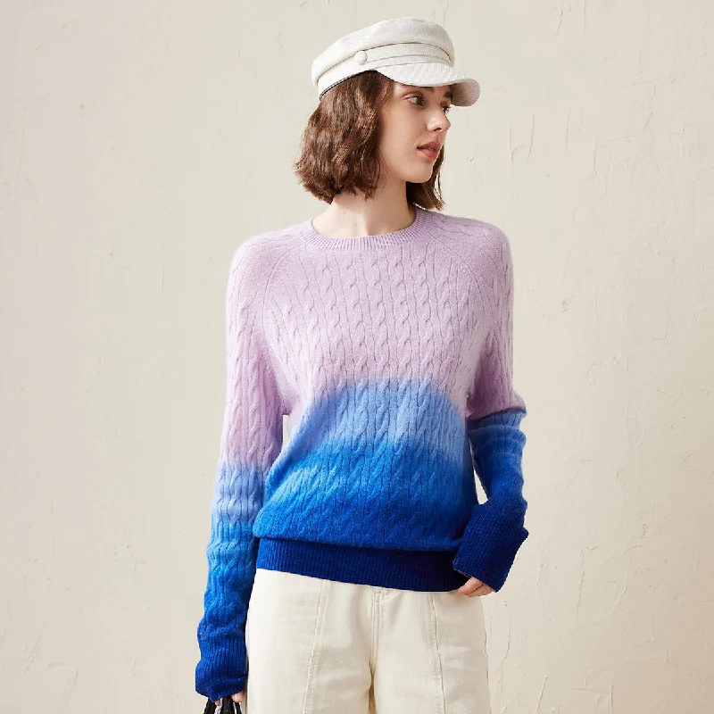 100% Cashmere Gradient Color Cable Knit Sweater Trendy Women's 