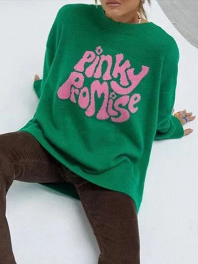 PINKY PROMISE Round Neck Drop Shoulder Sweater Bold Women's Statement