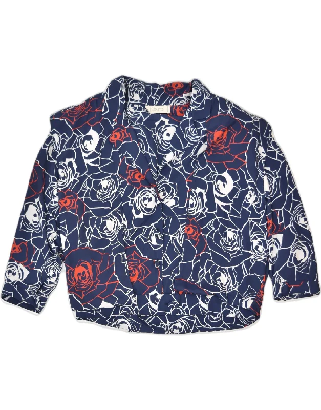 VINTAGE Womens Crop 3/4 Sleeve Blazer Jacket UK 12 Medium Navy Blue Floral Minimalist Women's Casual