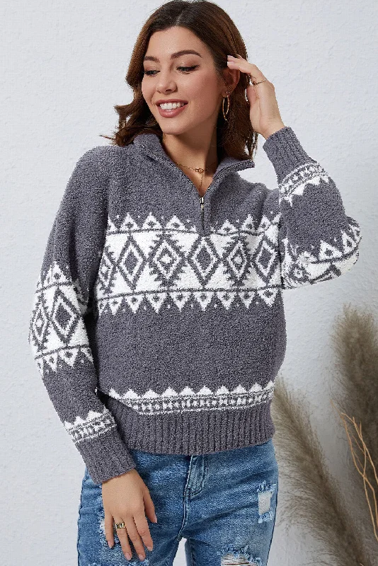 Zip-Up Geometrical Pattern Pullover Sweater Dapper Women's 1920S