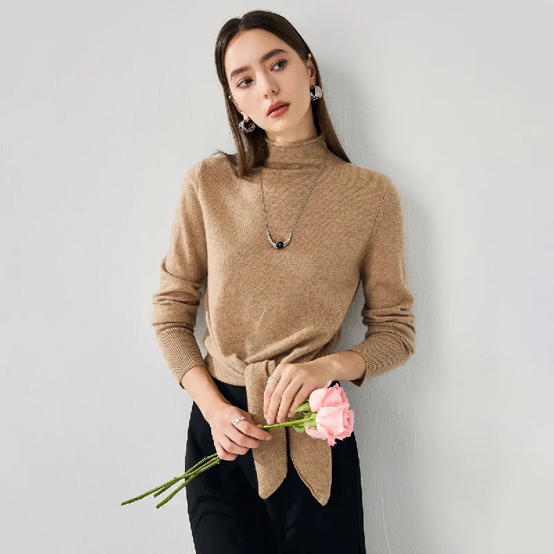 100% Cashmere Womens Mock Neck Tie-Waist Sweater Casual Women's Loose - fitting