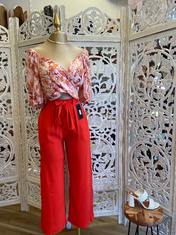 Orange Wrapped Floral Crop Top