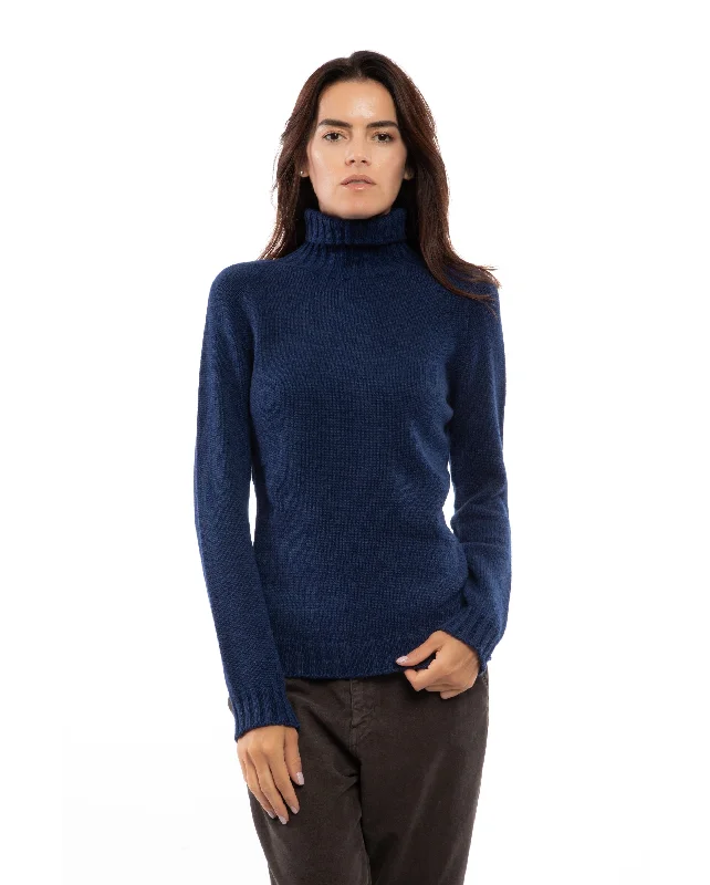 NEW FALL 24 - Women's Cashmere Raglan Sleeve Turtleneck Sweater Melange Blue by Monticelli Cashmere Streetwear Style for 