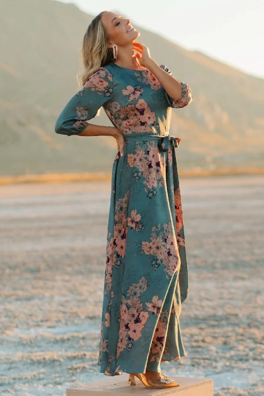 Paula Satin Maxi Dress | Blue + Pink Multi